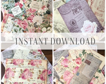 Printable large mix size junk journal papers / Shabby DIY books paper pack / digital collage sheet  pages bundle Download / By Boho Love