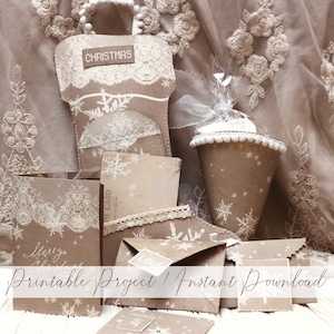 Afdrukbare rustieke kerstsok knutselset / armoedig, kortstondige feestdagen, vintage, snoephoorntje / By Boho Love / 157