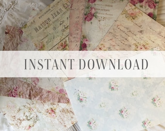 Printable junk large journal papers / Vintage DIY roses book pages / digital collage sheet Instant Download / By Boho Love / 036