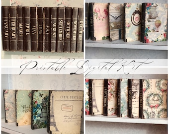 12 months planner book covers / Annual vintage calendar / printable digital kit small folios / By Boho Love no.162
