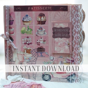 Pariser Patisserie Rezept DIY Buch Planer / Digitales Bastelkit / Vintage, Shabby, Chic, Pink, Ephemera / Von Boho Love Kit no. 114