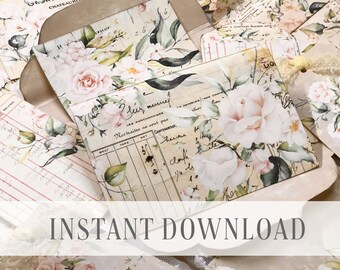 Shabby pink roses printable folio junk journal wallet / collage digital kit / DIY journaling folder / Instant download / By Boho Love / 090