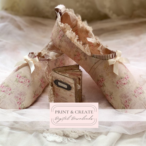 Paper Ballet Shoes Pattern Printable Project / Shabby Pink Chic Roses Slippers Téléchargements numériques instantanés / Par Boho Love / 182