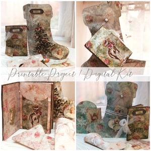 Pode incluir: Kit digital imprimível para um projeto de artesanato de meia de Natal. O kit inclui uma variedade de imagens, incluindo uma meia, uma árvore de Natal e uma rena. As imagens são de estilo vintage com um aspecto desgastado. O kit também inclui o texto "Joyeux Noel".