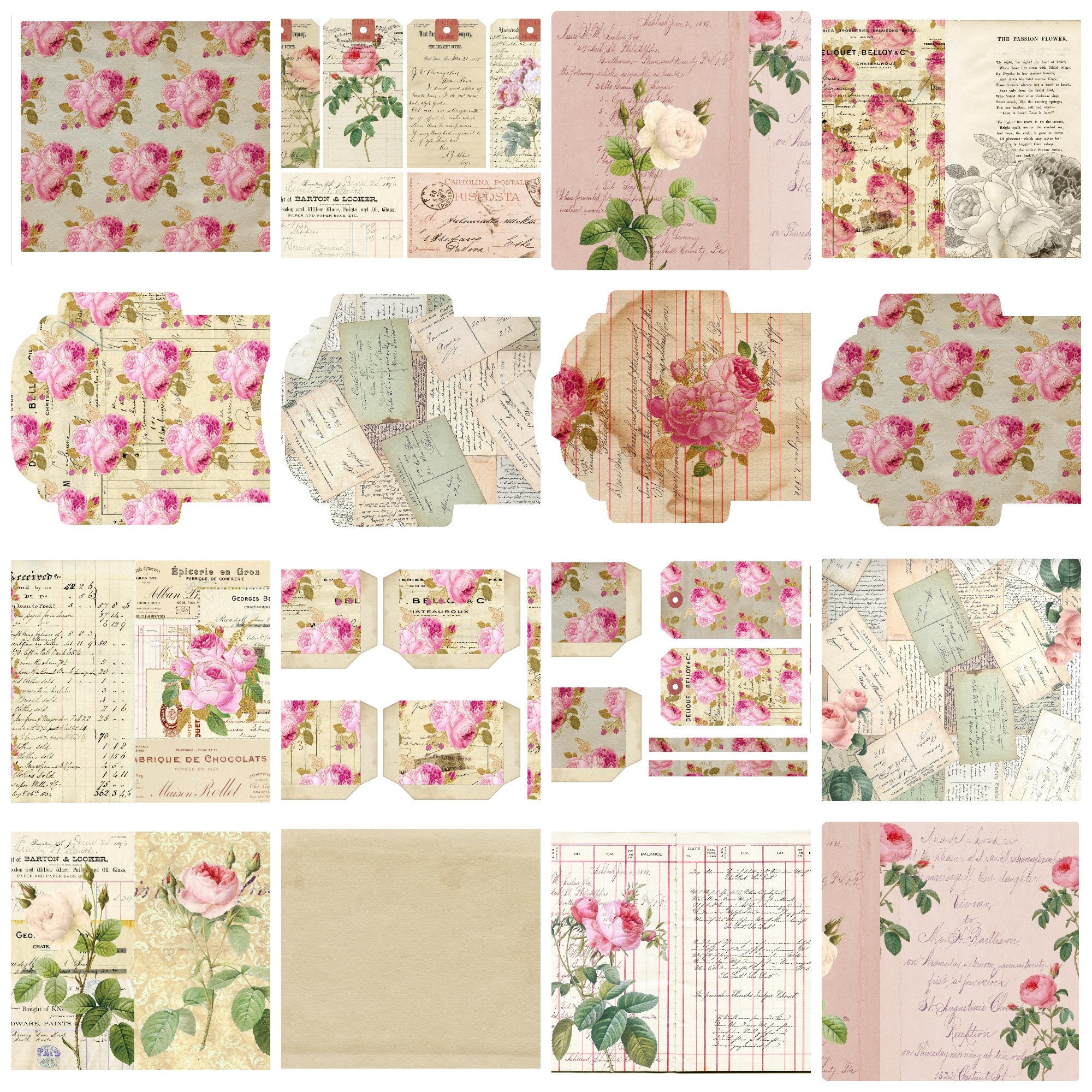 Printable Ephemera and Junk Journal Papers Kit / Vintage, Pink Roses ...