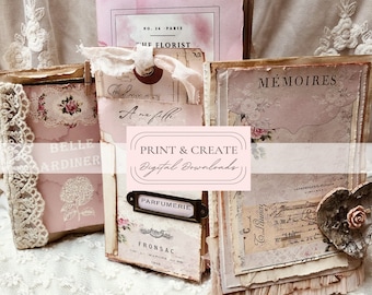 Slim Tall Junk Journal Printable Papers Digital Kit - Le Jardin Book Pages / Shabby Pink Vintage Chic By Boho Love / No. 189