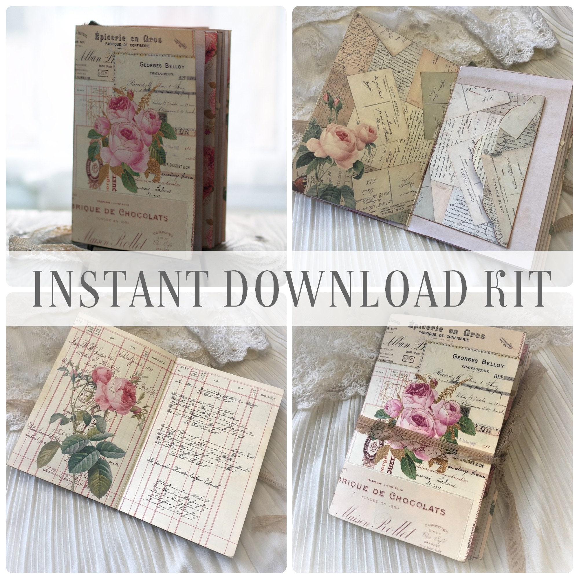 Printable Ephemera and Junk Journal Papers Kit / Vintage, Pink Roses ...