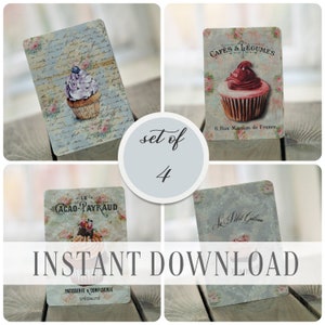 Set von 4 x vintage Cupcake druckbare Karten / Ephemera Bilder / digitale französische Bäckerei Collage Papiere herunterladen / Von Boho Love 045