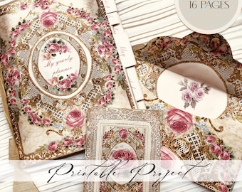 Shabby roses printable annual planner / organizer /  junk journal digital kit / Ephemera / By Boho Love / No. 166