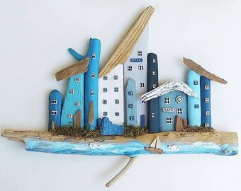 Wall mounted key holder nautical quayside scene with houses and fishing gear made from recycled driftwood