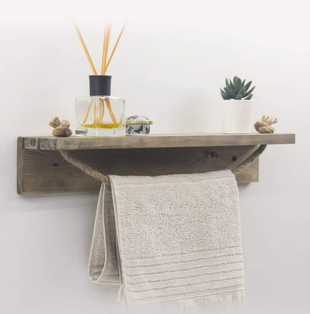 Rustic Bathroom Towel Holder With Shelf Kitchen Towel Hanger Etsy