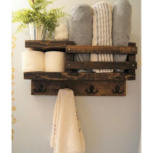 Rustic Bathroom Towel Holder Wooden Shelves Kitchen Towel Etsy