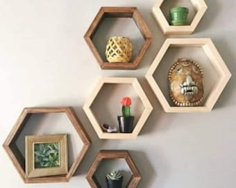 Set of Six Wooden Hexagon Shelves / Honeycomb shelves  / Apartment Sized Wall Decor /  Wood Floating Shelves  / Nursery / Bathroom Organizer