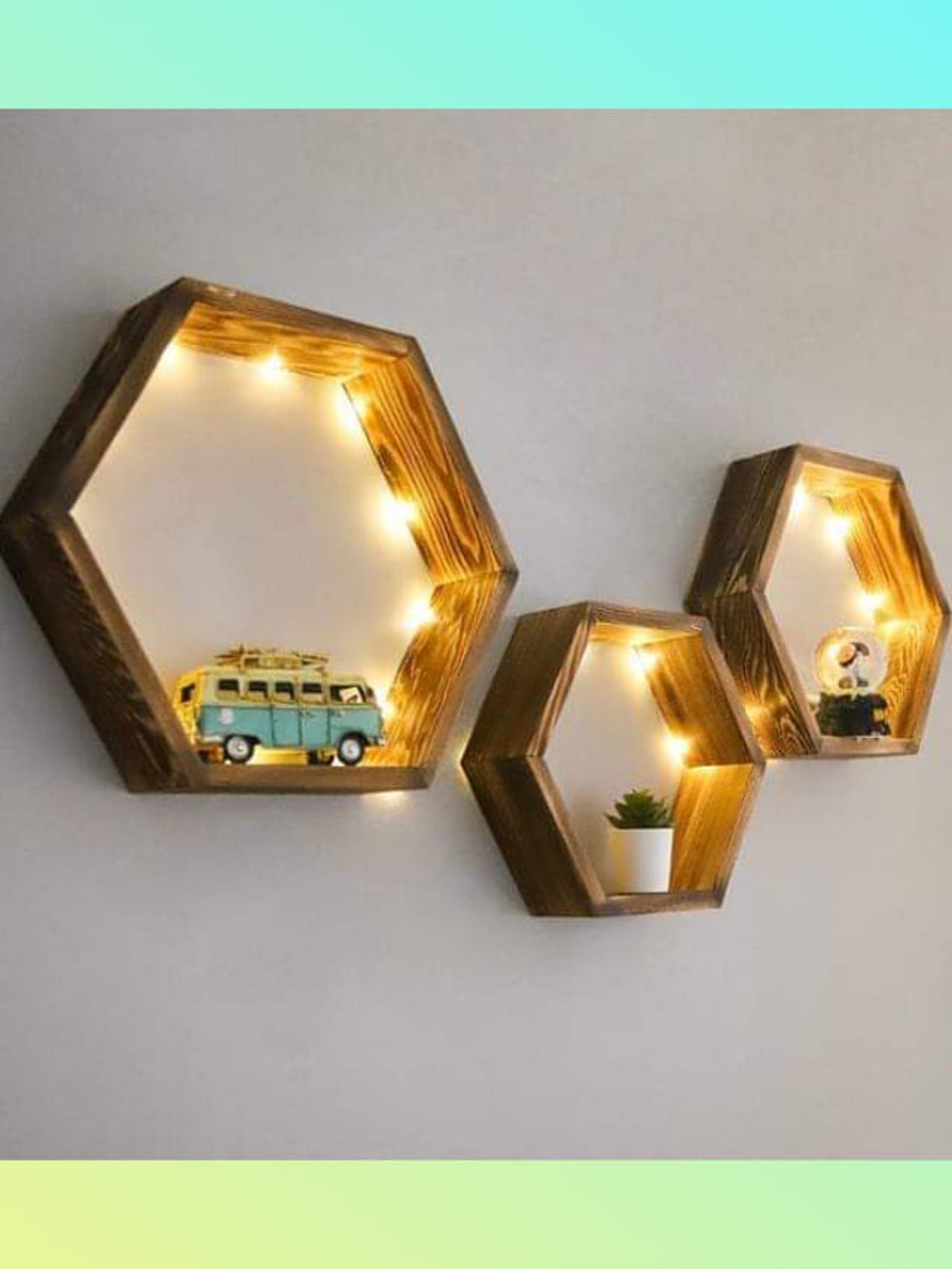 Led Lighted Wooden Hexagon Shelf Decor Anniversary Gift Etsy France
