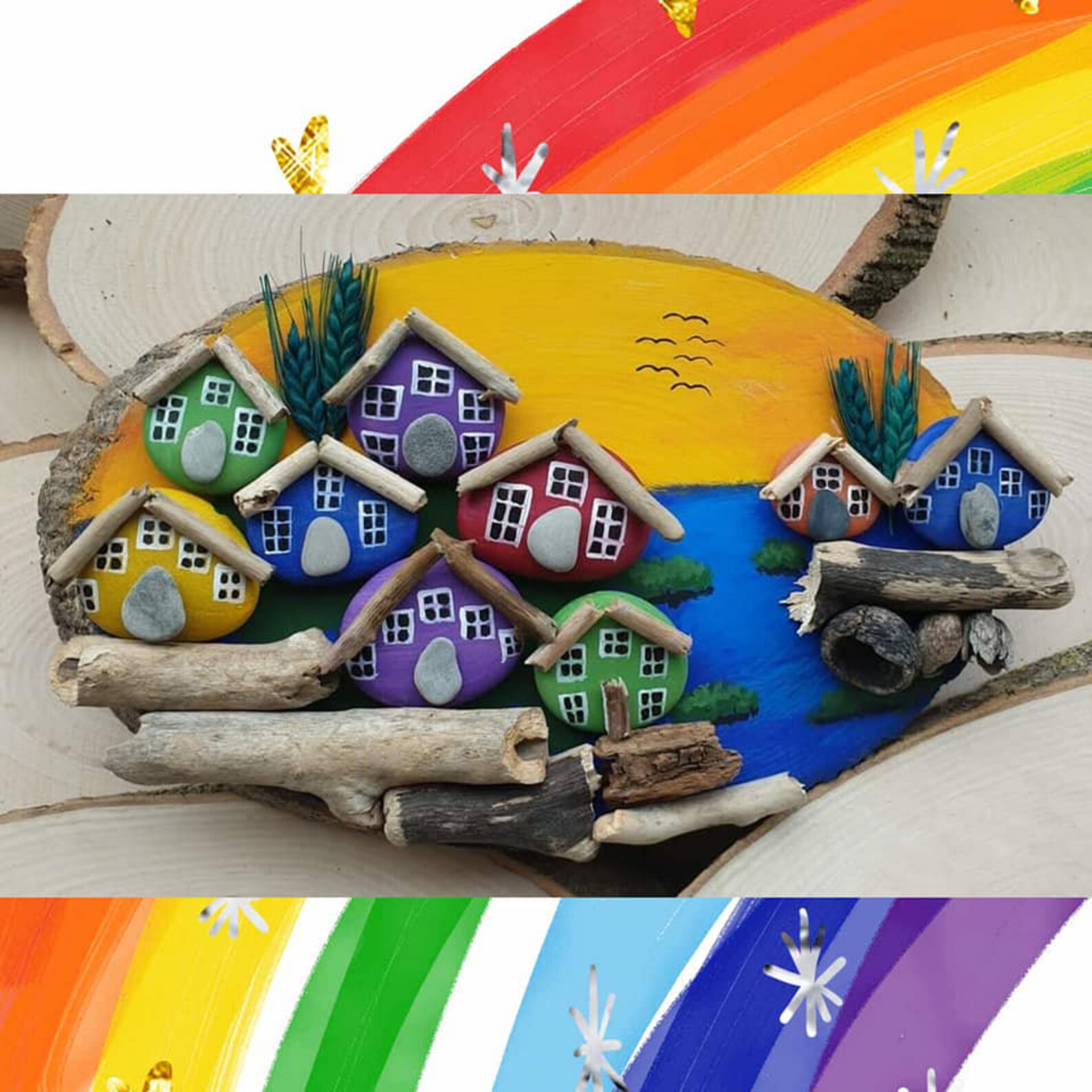 Driftwood Cottages Wall Hanging Home Art Decor Wooden Hand Etsy