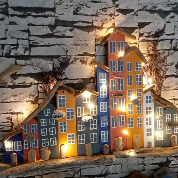 Driftwood Cottages Wall Hanging Home Art Decor, Led Lighted wooden cottages art, Housewarming Friend Gift, Wooden Bedroom Night Lamp