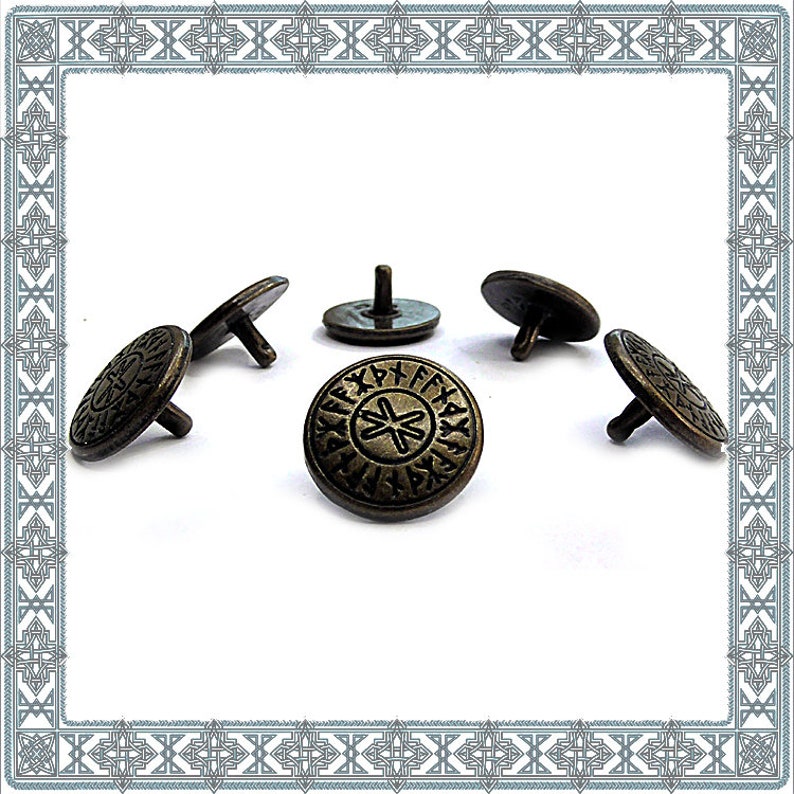 Norse Fitting Viking Rivets Medieval Rivet Armory LARP Necks 12 Ornamental Rivets ODINS PROTECTION Old Brass Rivet Runes Conchos