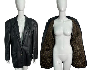 Blazer en cuir Moschino automne 1986 / Doublure monogramme / Taille L