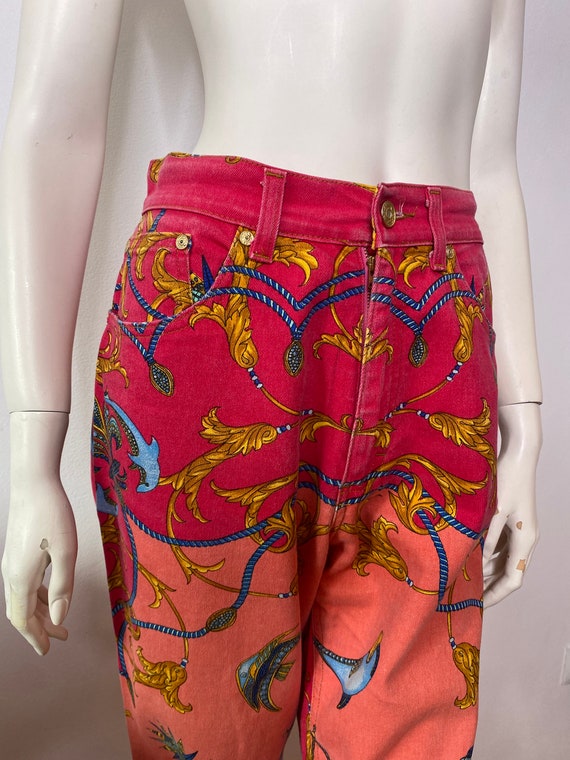 Roberto Cavalli red barroco print jeans / sea pri… - image 3