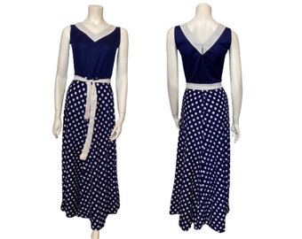 Navy and white polka-dot dress / 1970's / Size UK 14 / FR 42 / US 12