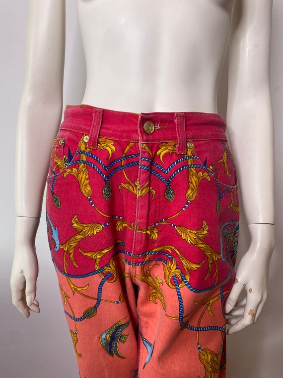 Roberto Cavalli red barroco print jeans / sea pri… - image 4