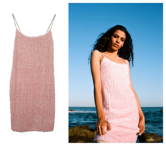 1990's pink dress with rhinestones spaghetti strap