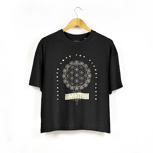 Womens Oversized Boxy Boho T Shirt With Lotus Flower Print | Cherished Love For Planet Earth Slogan Tee | Ladies Boxy TShirt in Deep Black