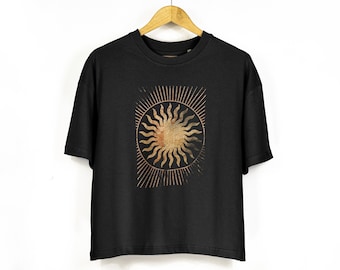 Womens Vintage Sun Oversized Boxy T-Shirt | Jeder liebt den Sonnenschein himmlischen Druck | Damen Boho Boxy TShirt in Tiefschwarz