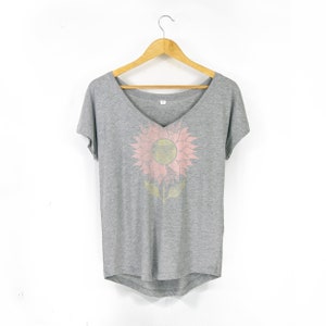 Women's Floral Print Deep-V Neck Boho T-Shirt | Distressed Flower Print Tee | Organic-Blend Loose-Fit Yoga Top | Wildflower Scoop Neck Shirt