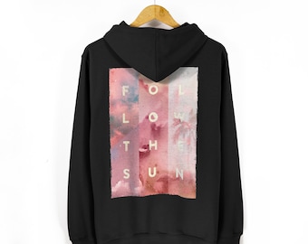 Unisex tropiskt mönstrad strandluvtröja | Följ solen-sloganluvtröja | Surfstil luvtröja med fickor