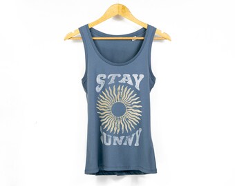 Womens Vintage Celestial Print Tank Top | Stay Sunny Slogan TShirt | Organic Sun Print Yoga Top | Ladies Summer Fashion