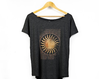 Women's Vintage Sun Scoop Neck T-Shirt | 'Everybody Loves The Sunshine' Celestial Print | Organic Loose-Fit Yoga Top | Ladies Boho T-Shirt