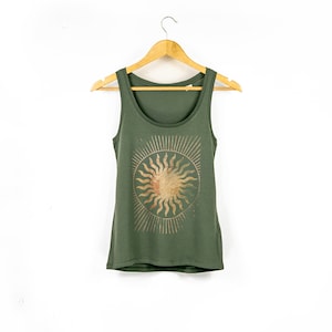 Womens Vintage Style Sun Print Tank Top | Everybody Loves The Sunshine Celestial Print Top | Organic Cotton Yoga Top | Ladies Summer Fashion