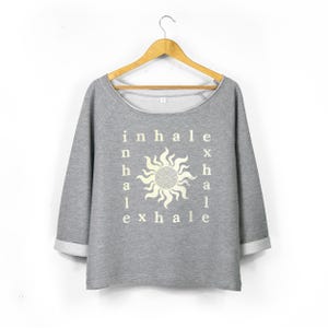 Womens Off Shoulder Yoga Sweatshirt With Sun Print | Inhale Exhale Graphic Sweat | Ladies Wide Neck Sweatshirt in Grey Heather Marl
