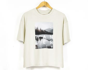 Womens Oversized Boxy T Shirt With Mountain Print | Wanderlust Graphic Tee | Ladies Boxy T-Shirt in Off White