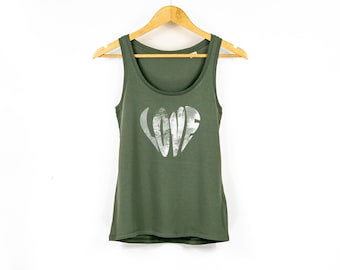 Womens Self Love Print Yoga Tank Top | Ladies Organic Cotton Tank Top in Khaki Green