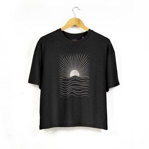 Womens Oversized Boxy Boho T Shirt With Ocean Print | Sunrise Graphic Tee | Ladies Boxy TShirt in Deep Black