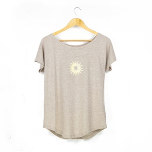 Women&#39;s &#39;Sunshine&#39; Scoop Neck T-Shirt |  Organic-Blend Loose-Fitting Yoga Top | Vintage Aesthetic Sun Print T-Shirt | Ladies Summer Fashion