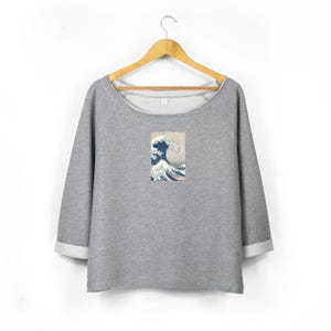 Womens Off Shoulder Sweatshirt With Japanese Wave Print | The Great Wave Graphic Sweat | Ladies Wide Neck Sweatshirt in Grey Heather Marl