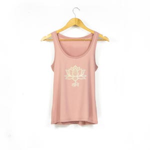 Lotus Flower Yoga Top With Sanskrit Text | Peace Floral Print Organic Cotton Tank Top in Petal Rose Pink