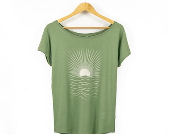 Womens Loose Fitting Scoop Neck T Shirt With Ocean Print | Sunrise Graphic TShirt | Ladies Organic Cotton Scoop T-Shirt in Soft Olive Green