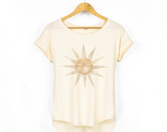 Mystical Sun Face Boho Scoop Neck T Shirt