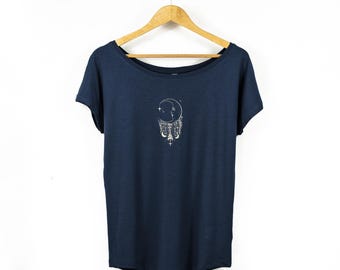 Womens Wide Neck Celestial Moon Print TShirt