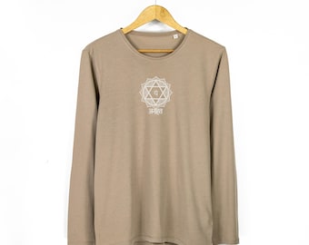 Anahata Chakra Design Long Sleeve TShirt | Mens Long Sleeve Organic T-Shirt in Washed Cream Coffee