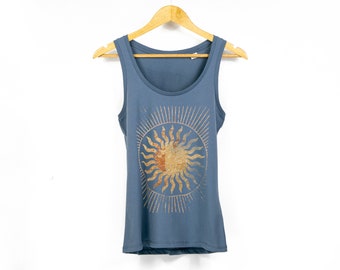 Womens Vintage-Style Sun Print Tank Top | Everybody Loves The Sunshine Celestial Print Top | Organic Cotton Yoga Top | Ladies Summer Fashion