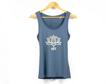 Women's 'Peace' Lotus Print With Sanskrit Text Yoga-Style Organic Cotton Tank Top