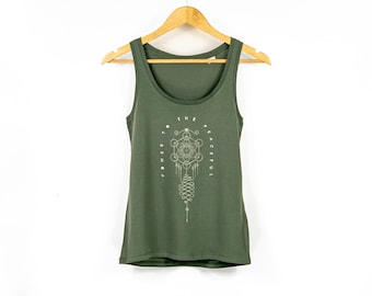 Womens Yoga Tank Top With Unalome Print | Power To The Peaceful Tank | Ladies Organic Cotton Tank Top in Khaki Green