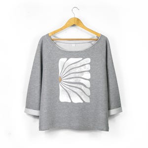 Off Shoulder Sweatshirt With Matisse Inspired Floral Print | Ladies Wide Neck Sweatshirt in Grey Heather Marl