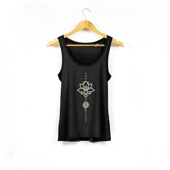 Womens Lotus Flower Yoga Top | Unalome Print Organic Cotton Tank Top | Ladies Summer Fashion