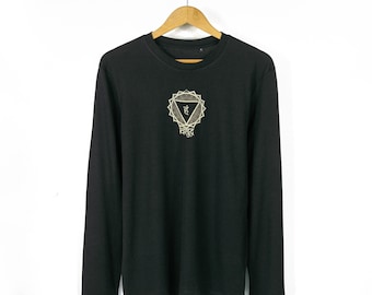 Manipura Chakra Print Long Sleeve Graphic TShirt | Solar Plexus Chakra Design | Mens Long Sleeve Organic T-Shirt in Black